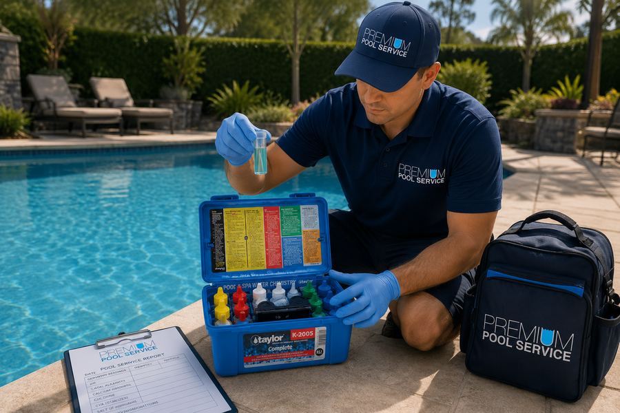 Premium Pool Service technician testing pool water chemistry