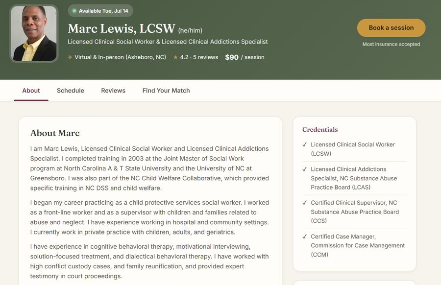 Website preview for Marc Lewis, LCSW, a therapy booking site